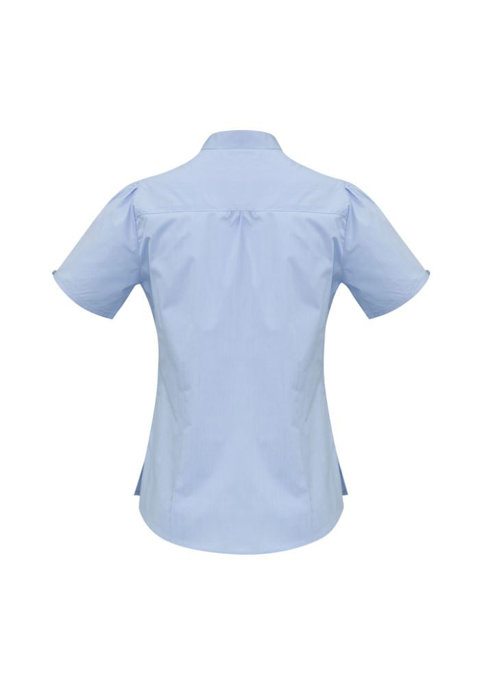 Ladies blue chevron stand collar shirt in size 16, featuring wrinkle-free stretch fabric for comfort and elegance.