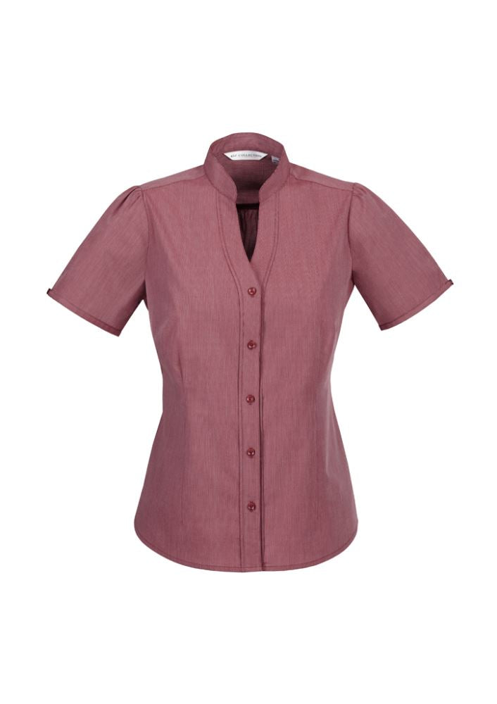 Ladies cherry chevron shirt with stand collar, featuring easy-iron fabric, perfect for professional or casual wear. Size 14.
