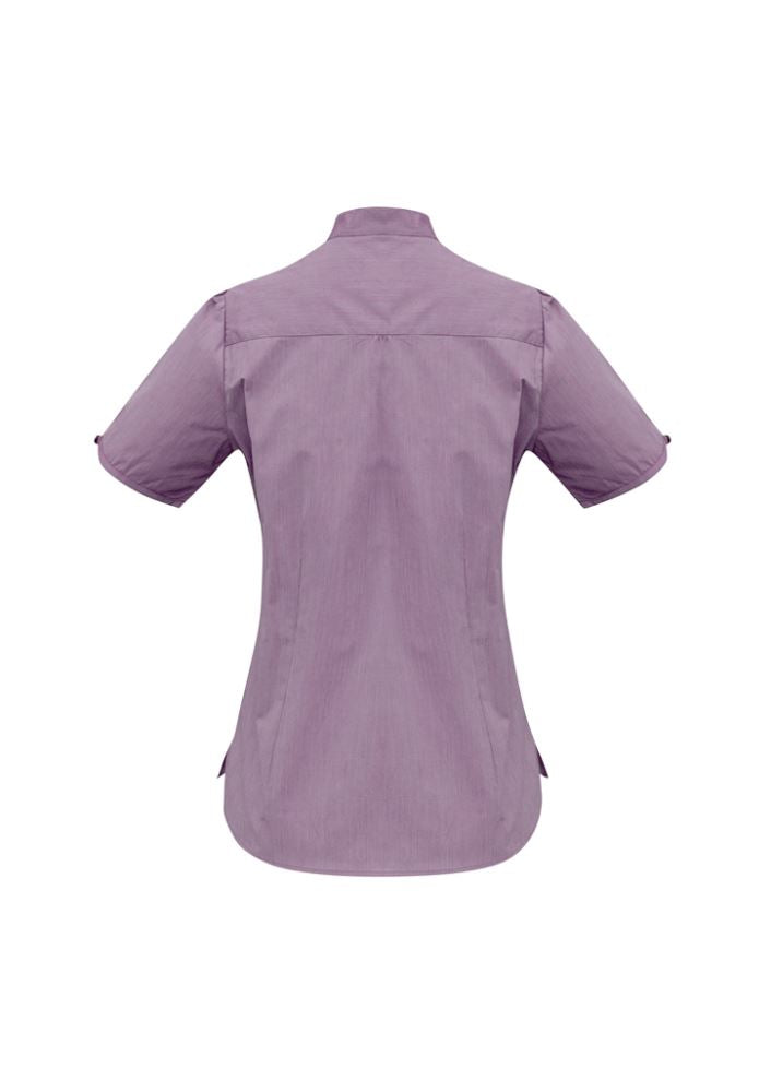 Ladies Grape Chevron Shirt by Biz Collection with stand collar, stretch fabric, and wrinkle-free design for stylish comfort.