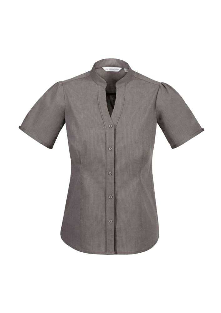 Graphite Ladies Chevron Stand Collar Shirt, Size 12, featuring yarn-dyed stripes and wrinkle-free fabric for effortless style.