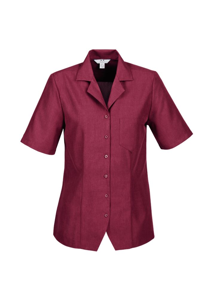 Ladies Cherry Overblouse, size 12, featuring breathable fabric, action back pleats, and stylish side splits for comfort and style.
