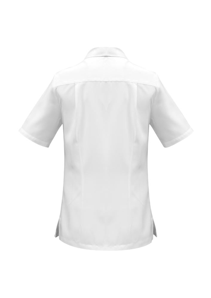 Ladies white Oasis overblouse from Biz Collection, size 6, featuring breathable fabric, side splits, and a chest pocket.