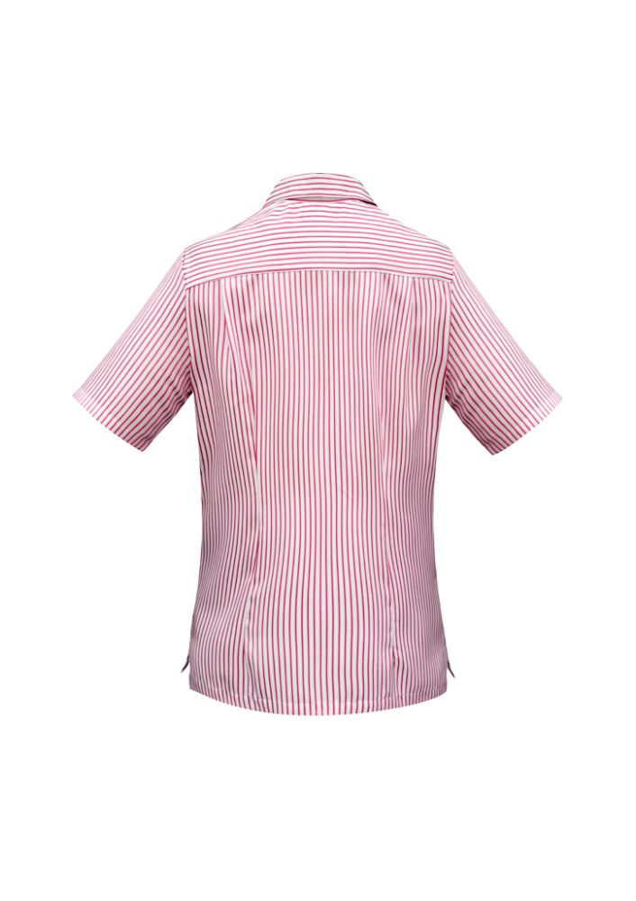 Ladies Stripe Oasis Overblouse in White and Cherry, size 30, featuring breathable fabric, side splits, and a chest pocket.