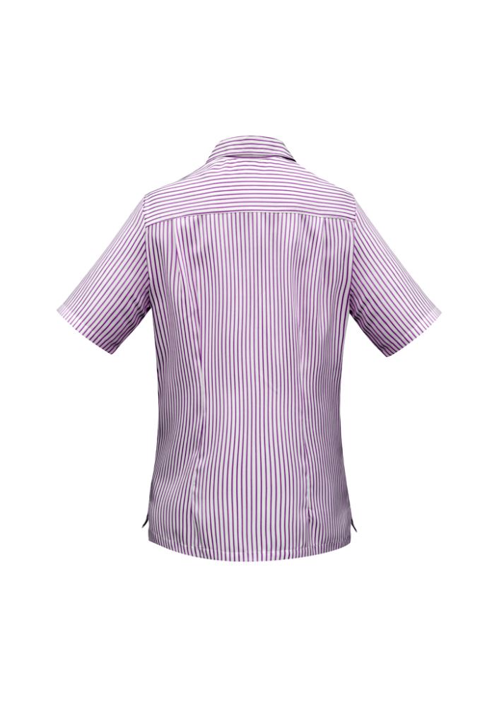 Ladies white and grape striped overblouse with action back pleats, side splits, and UPF protection, size 24, by Biz Collection.