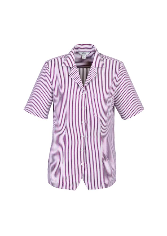 Ladies stripe overblouse in white and grape, size 12, featuring breathable fabric, action back pleats, and a chest pocket.