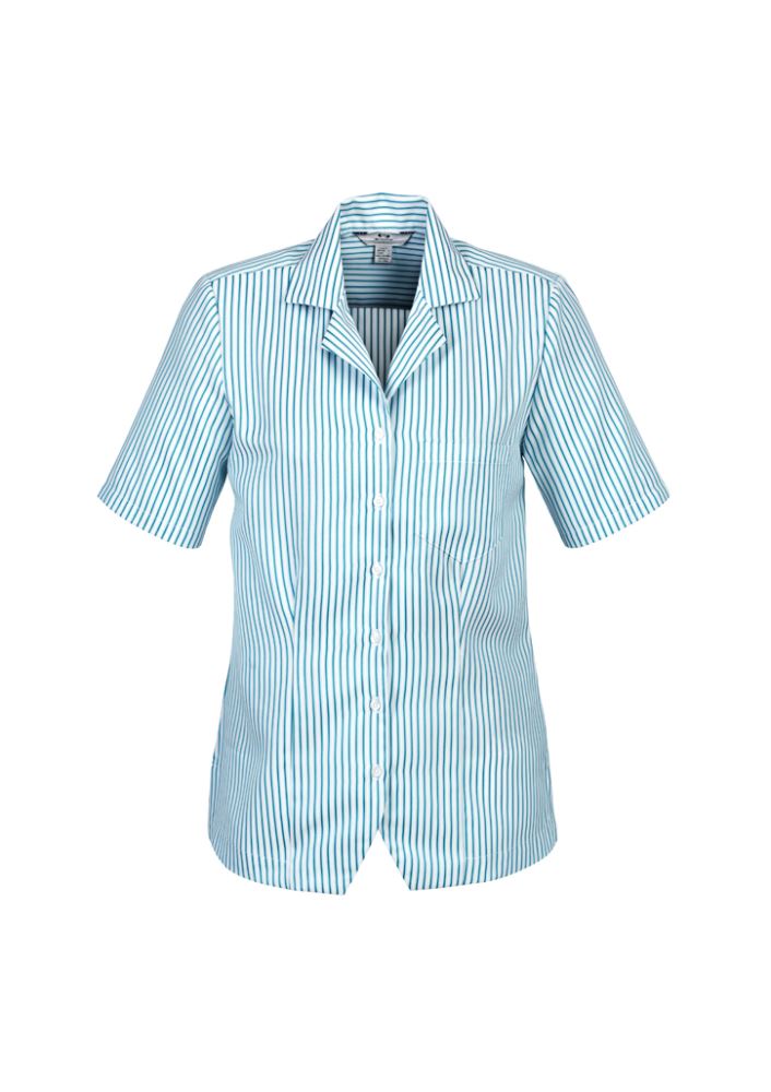 Ladies Stripe Oasis Overblouse in White/Teal, size 6, featuring breathable fabric, action back pleats, and a practical chest pocket.