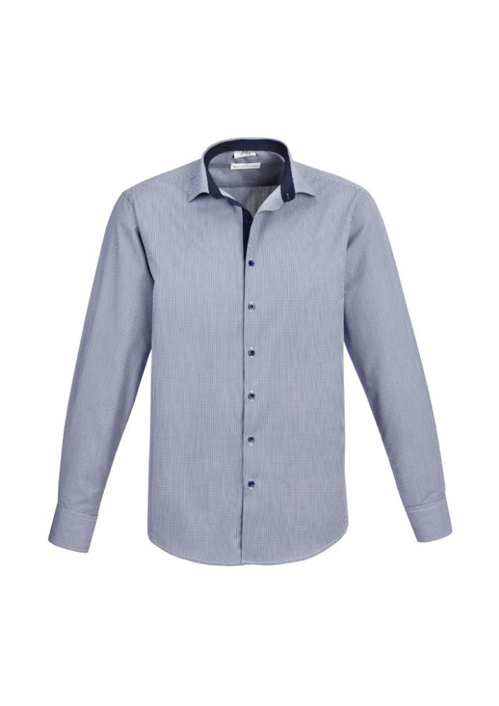 Men's Edge Long Sleeve Shirt in blue, size 4XL, featuring yarn-dyed check fabric and contrast trim for style and comfort.