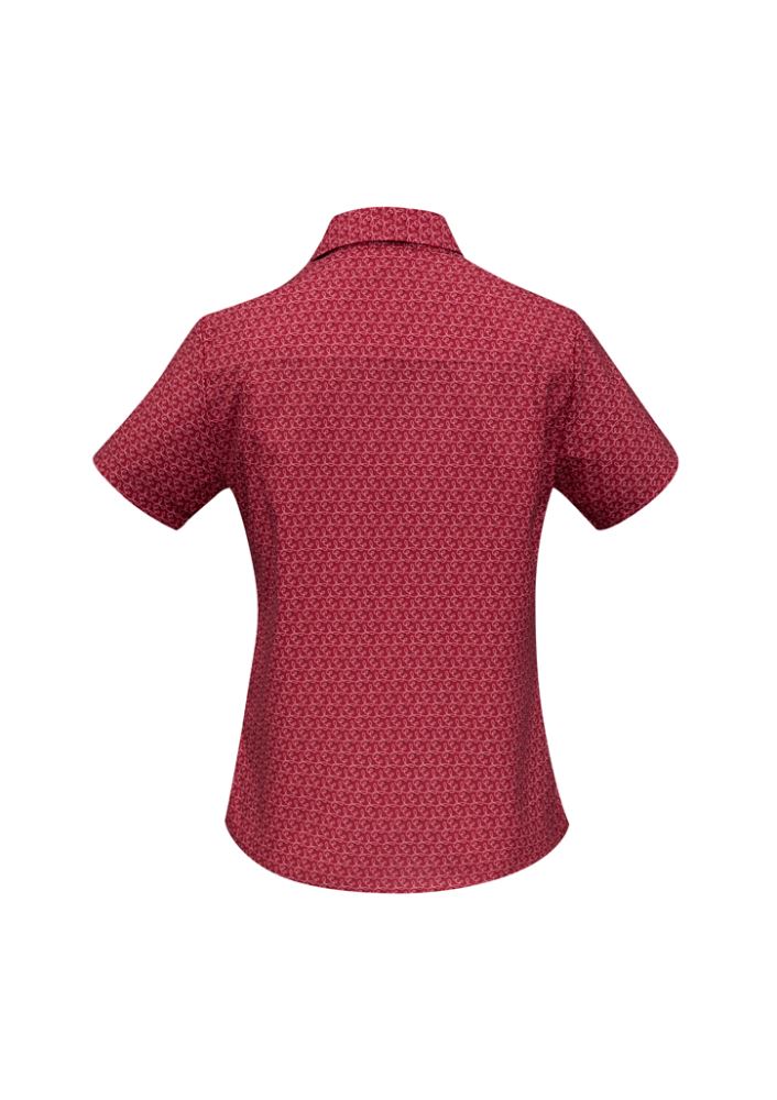 Ladies cherry short sleeve shirt featuring a unique print, crafted from breathable polyester for comfort and UPF protection.