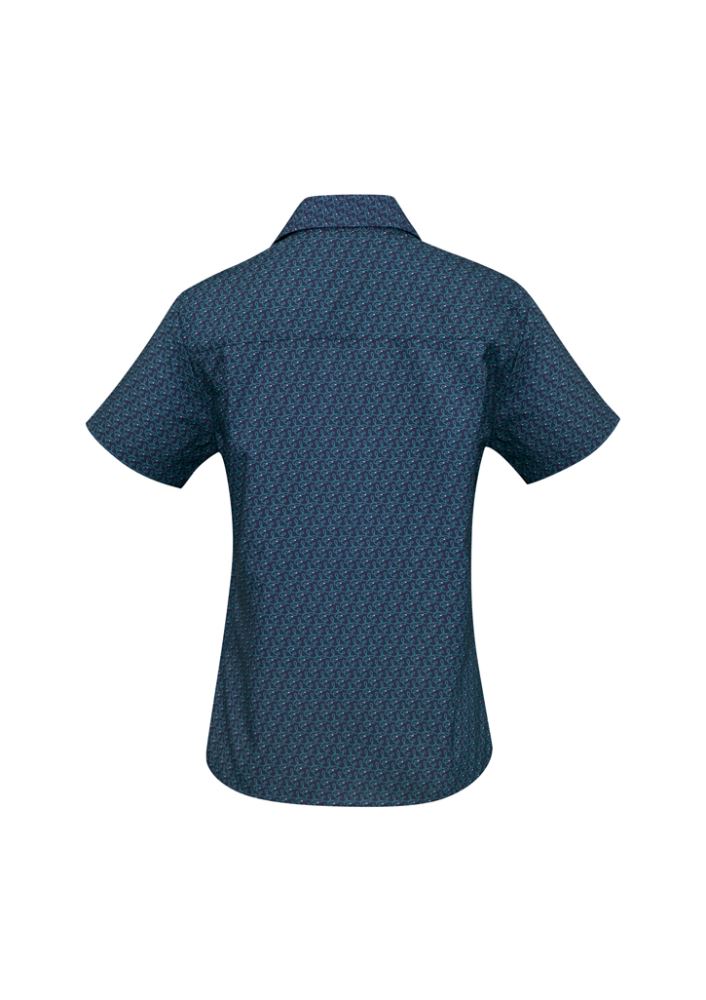 Ladies navy printed short sleeve shirt, size 16, featuring breathable fabric, UPF protection, and elegant design elements.