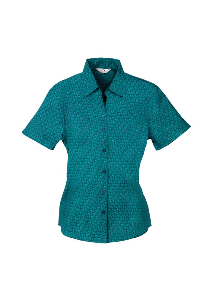 Teal short sleeve shirt for women, size 18, made from breathable polyester, featuring an open neckline and curved hemline.