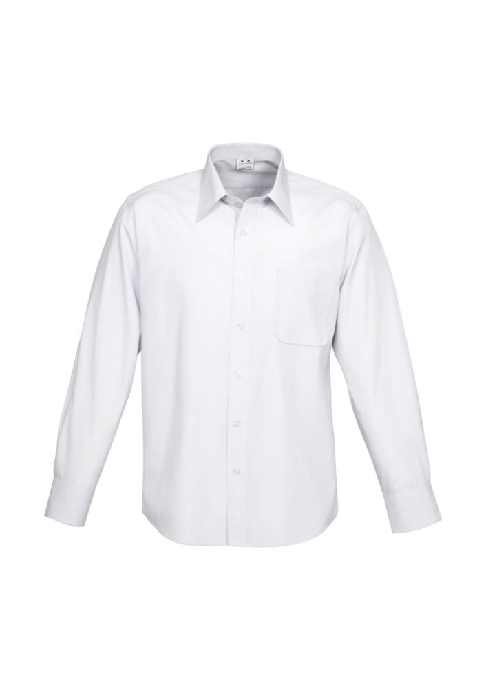 Mens Ambassador Long Sleeve Shirt in white, size L, featuring yarn-dyed stripes, UPF protection, and adjustable cuffs.