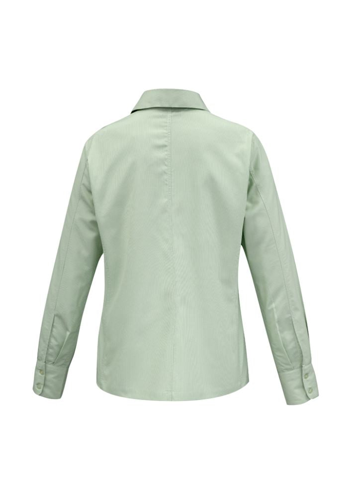 Ladies Ambassador Long Sleeve Shirt in green, size 14, featuring yarn-dyed stripes, tailored fit, and excellent UV protection.