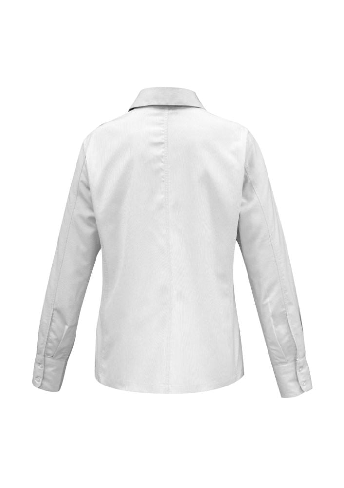 Ladies Ambassador Long Sleeve Shirt in white, size 8, featuring yarn-dyed stripes, UPF protection, and a flattering fit.