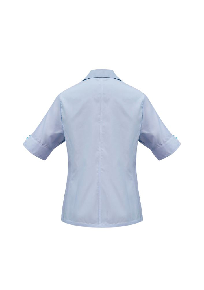 Ladies blue ambassador short sleeve shirt, size 14, features yarn-dyed stripes, bust darts, and UPF protection for stylish comfort.
