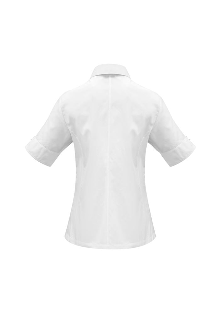 Ladies Ambassador Short Sleeve Shirt in white, size 22, featuring UPF protection, side panels, and a stylish 2-button collar.