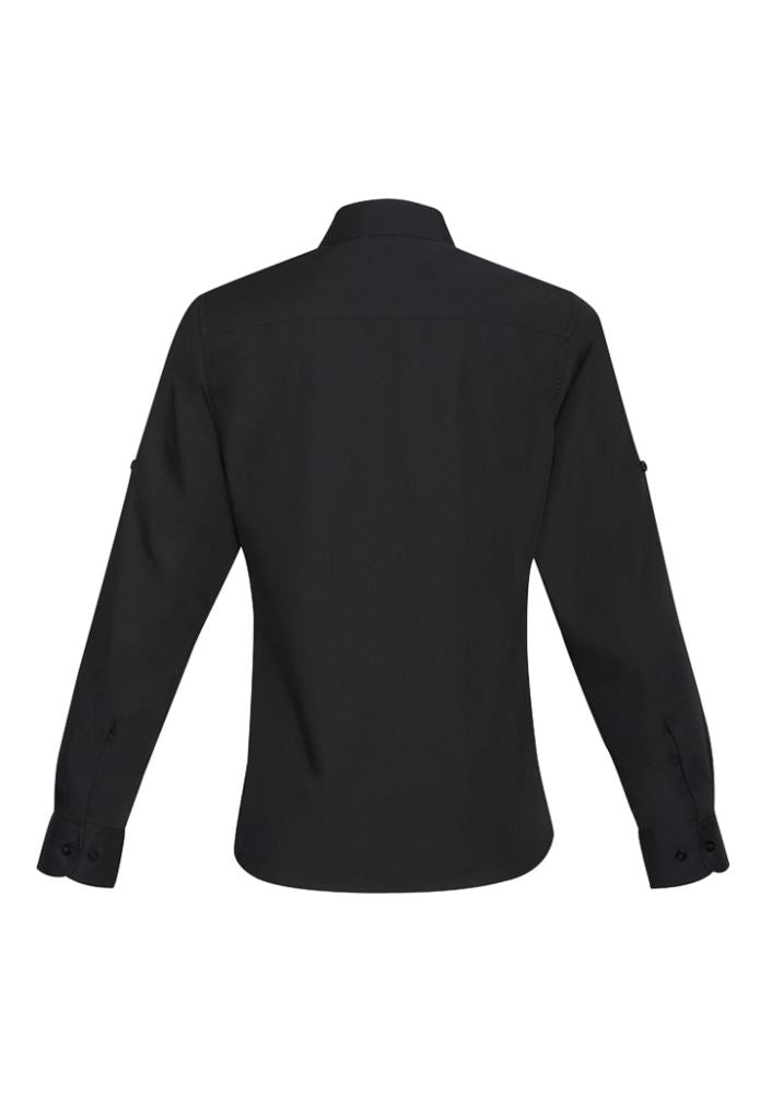 Ladies Bondi Long Sleeve Shirt in Black/Check, Size 8, featuring UPF protection, stylish twin pockets, and roll-up sleeves.