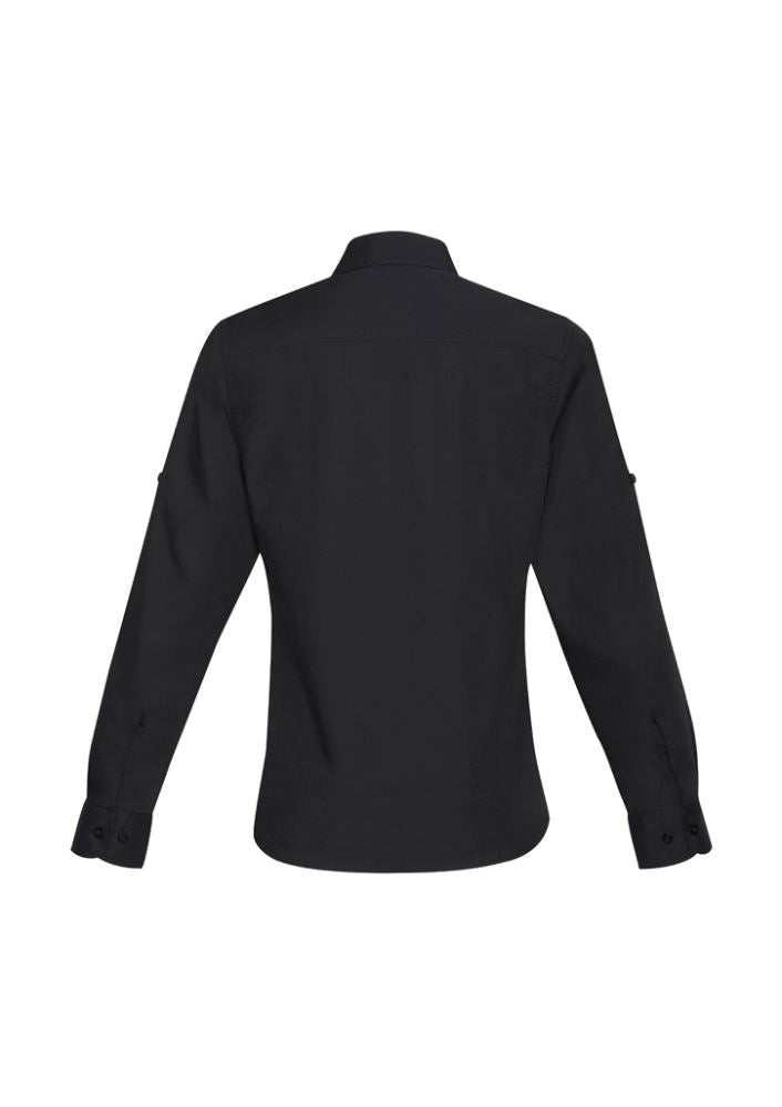 Ladies Bondi Long Sleeve Shirt in black, size 12, featuring twin chest pockets, roll-up sleeves, and a stylish curved hem.