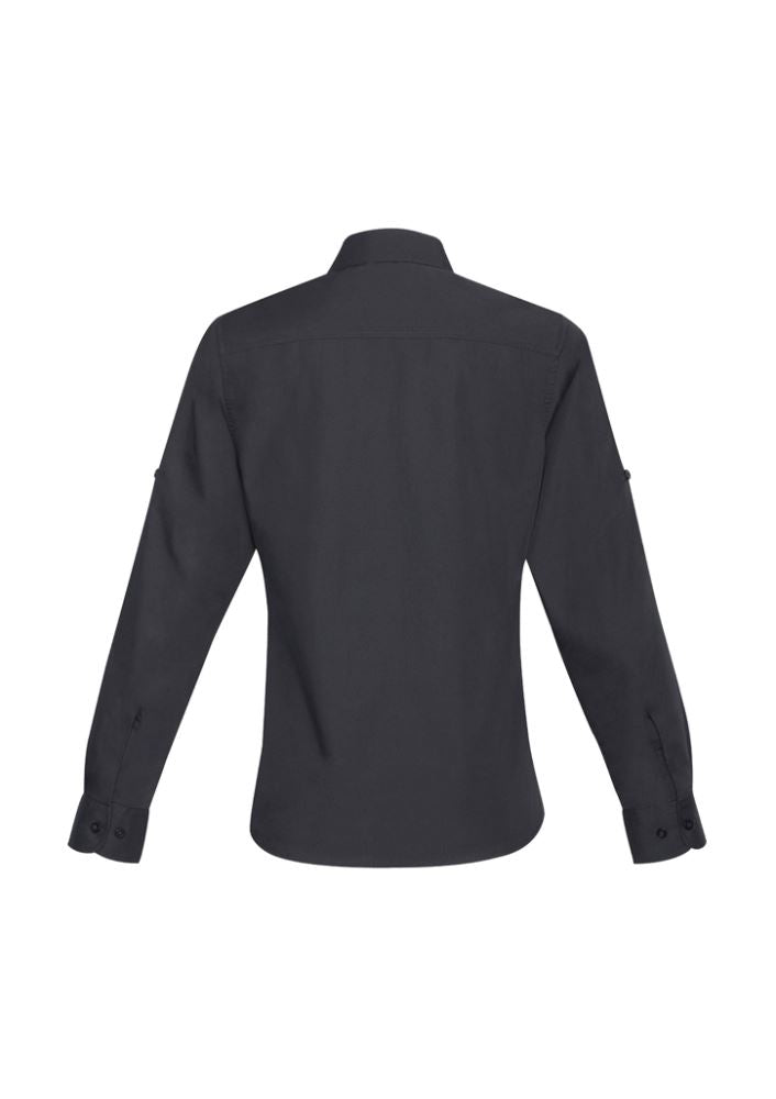 Charcoal long sleeve shirt for women, size 14, featuring twin chest pockets, roll-up sleeves, and excellent sun protection.