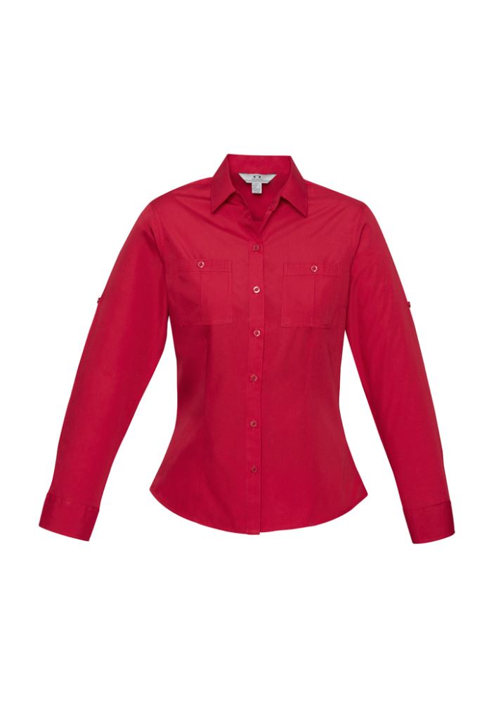 Ladies Bondi Long Sleeve Shirt in Deep Red, Size 18, featuring twin chest pockets, roll-up sleeves, and a stylish curved hem.