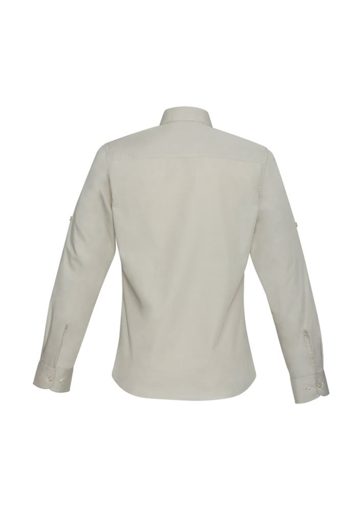 Ladies Bondi Long Sleeve Shirt in Sand, Size 8, featuring twin chest pockets, roll-up sleeves, and UPF protection.