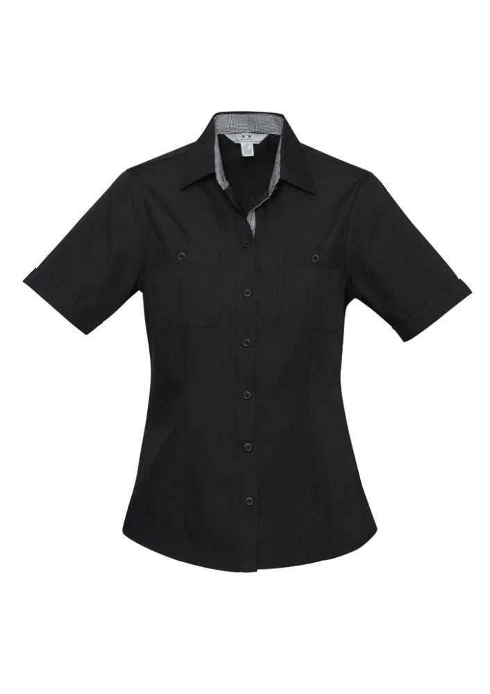 Ladies Bondi Short Sleeve Shirt in Black/Check, Size 20, featuring chest pockets, curved hem, and excellent UPF rating.