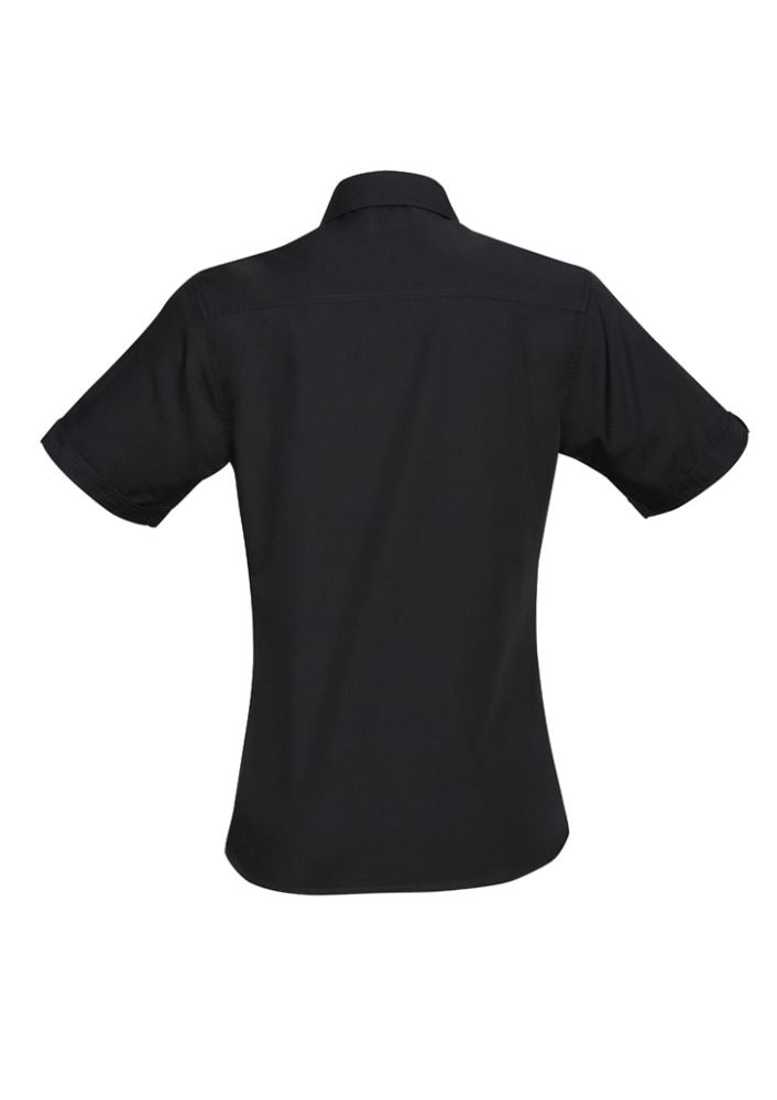 Black checked short sleeve shirt for women, featuring twin chest pockets and a curved hem, size 12, by Biz Collection.