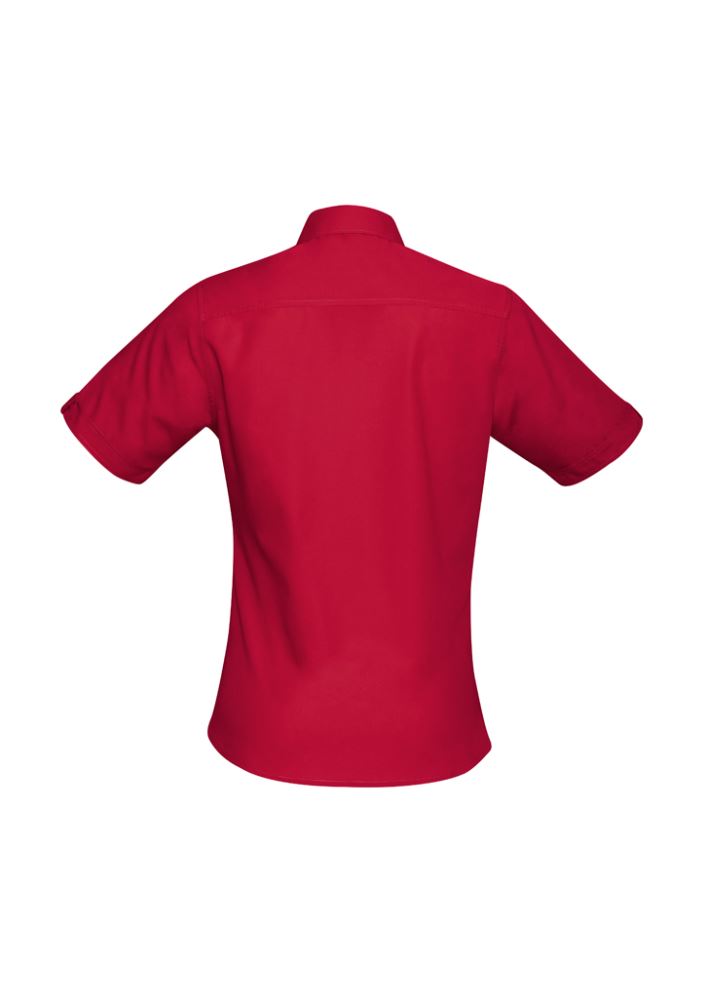 Deep red short sleeve shirt for women, size 14, featuring twin chest pockets and a curved hem for versatile styling.