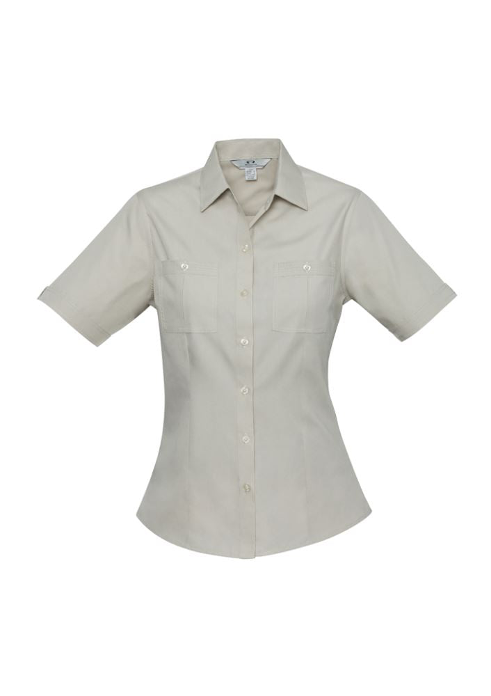 Ladies Bondi Short Sleeve Shirt in Sand, Size 16, featuring twin chest pockets, curved hem, and excellent UV protection.