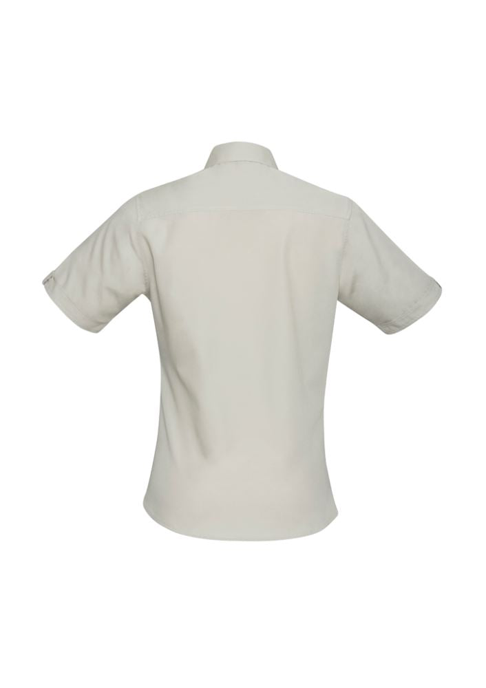 Ladies Bondi Short Sleeve Shirt in Sand, Size 18, featuring twin chest pockets, curved hem, and excellent UV protection.
