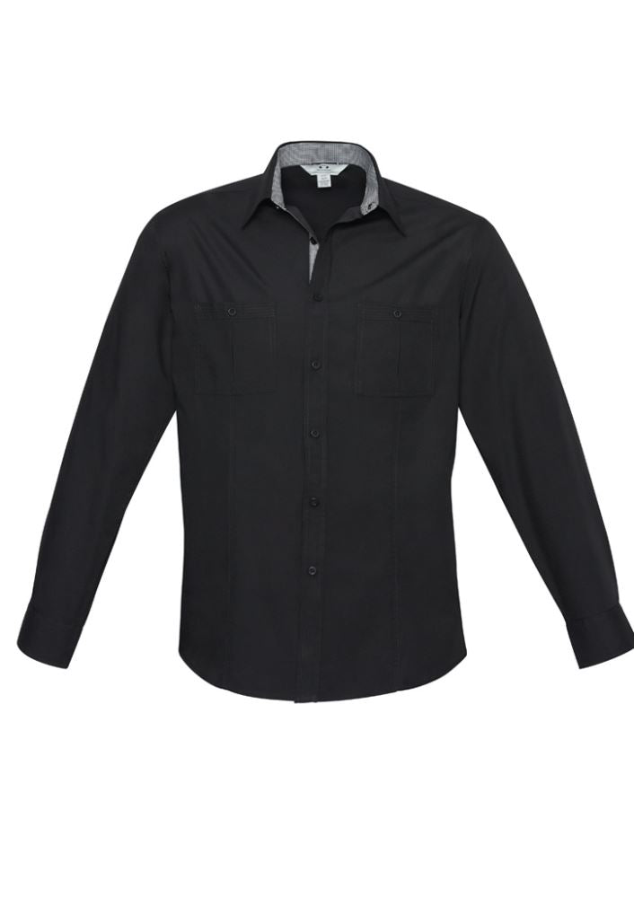 Mens Bondi Long Sleeve Shirt in Black/Check, featuring twin chest pockets and roll-up sleeves, size 2XL from Biz Collection.