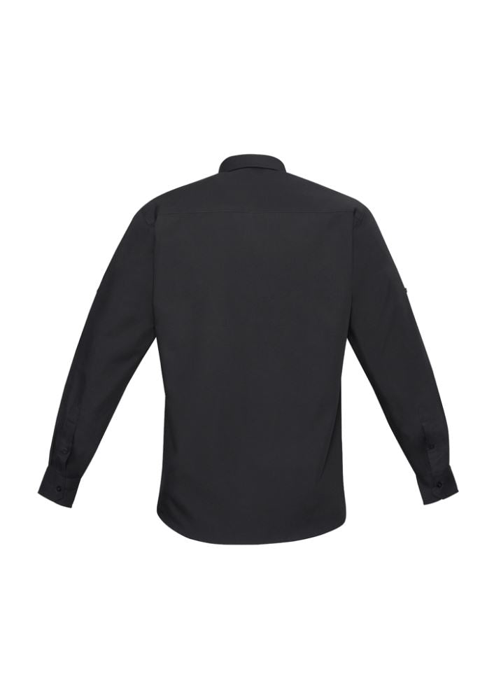 Men's Bondi Long Sleeve Shirt in black, size XS, featuring twin chest pockets, UPF protection, and a stylish curved hem.