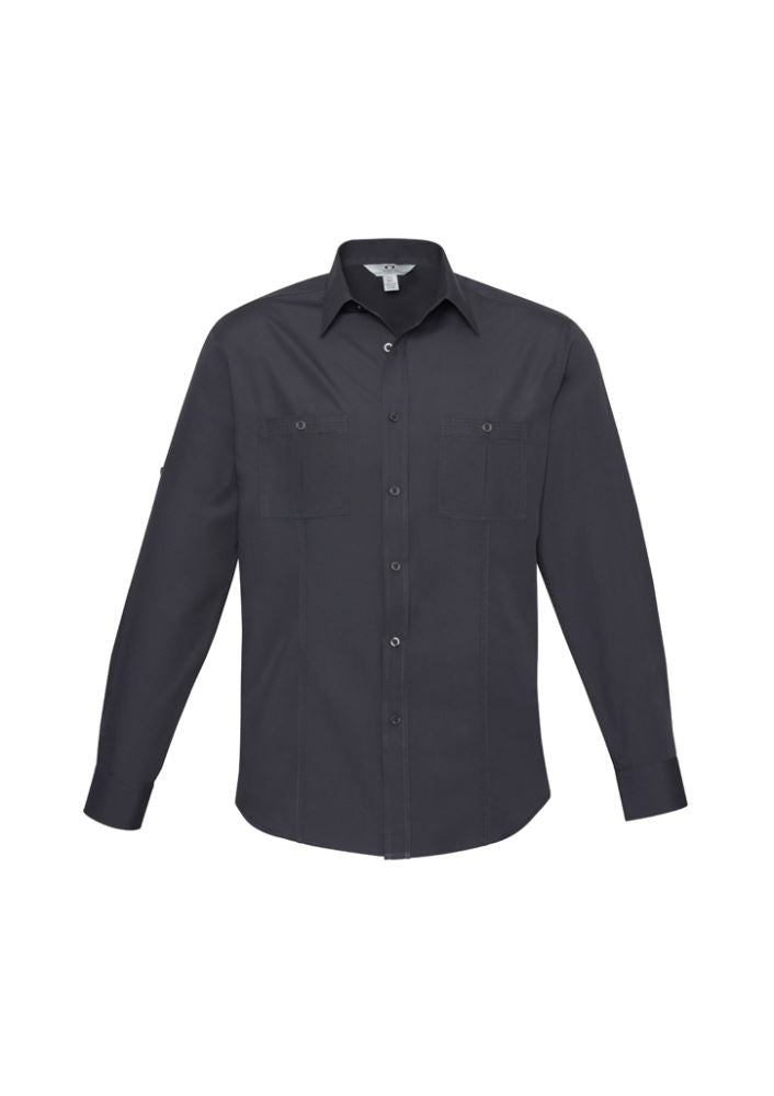Men's charcoal long sleeve shirt with UPF protection, twin chest pockets, roll-up sleeves, and a versatile curved hem.