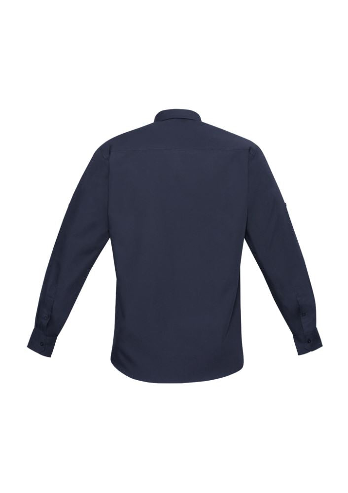 Navy long sleeve shirt for men, XL size, featuring twin chest pockets, UPF protection, and roll-up sleeves from Biz Collection.