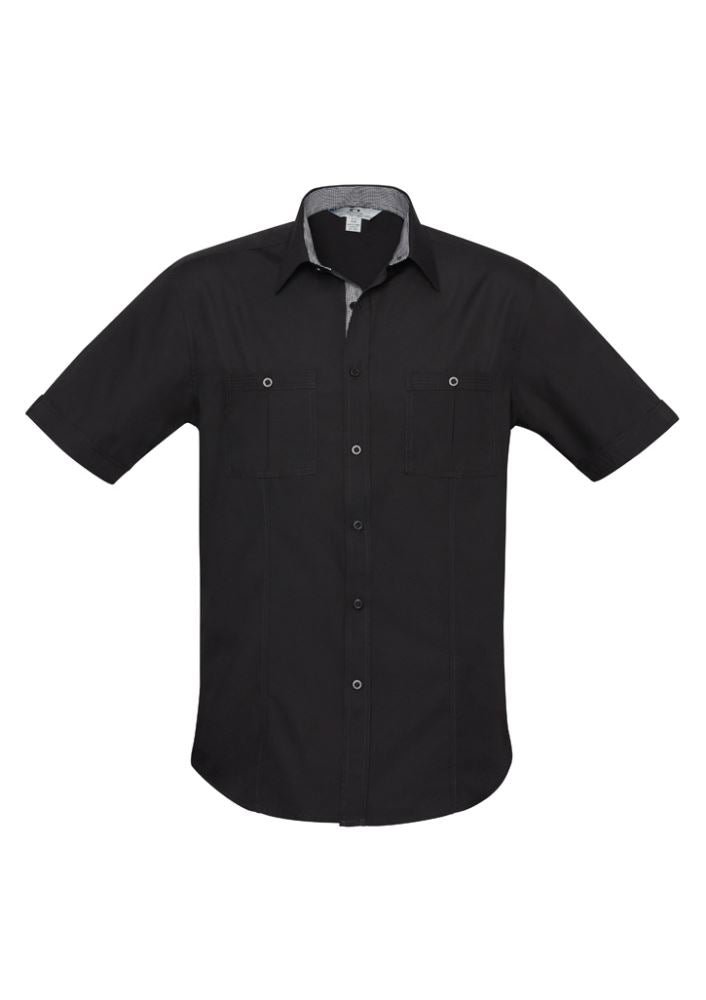 Men's Bondi Short Sleeve Shirt in Black/Check, 5XL, featuring UPF protection, twin chest pockets, and curved hem for versatile style.
