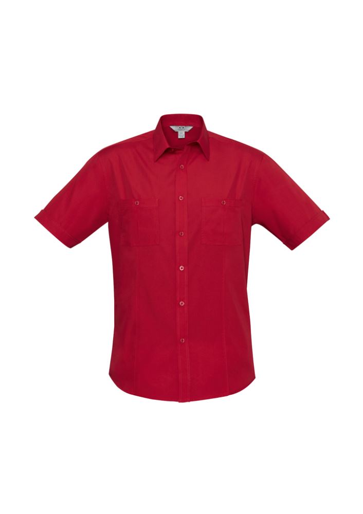 Deep red men's short sleeve shirt with UPF protection, twin chest pockets, and modern curved hem, size S from Biz Collection.