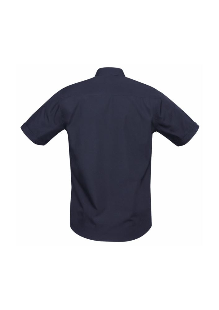 Men's navy Bondi short sleeve shirt in 5XL with twin chest pockets, UPF protection, and curved hem for versatile styling.
