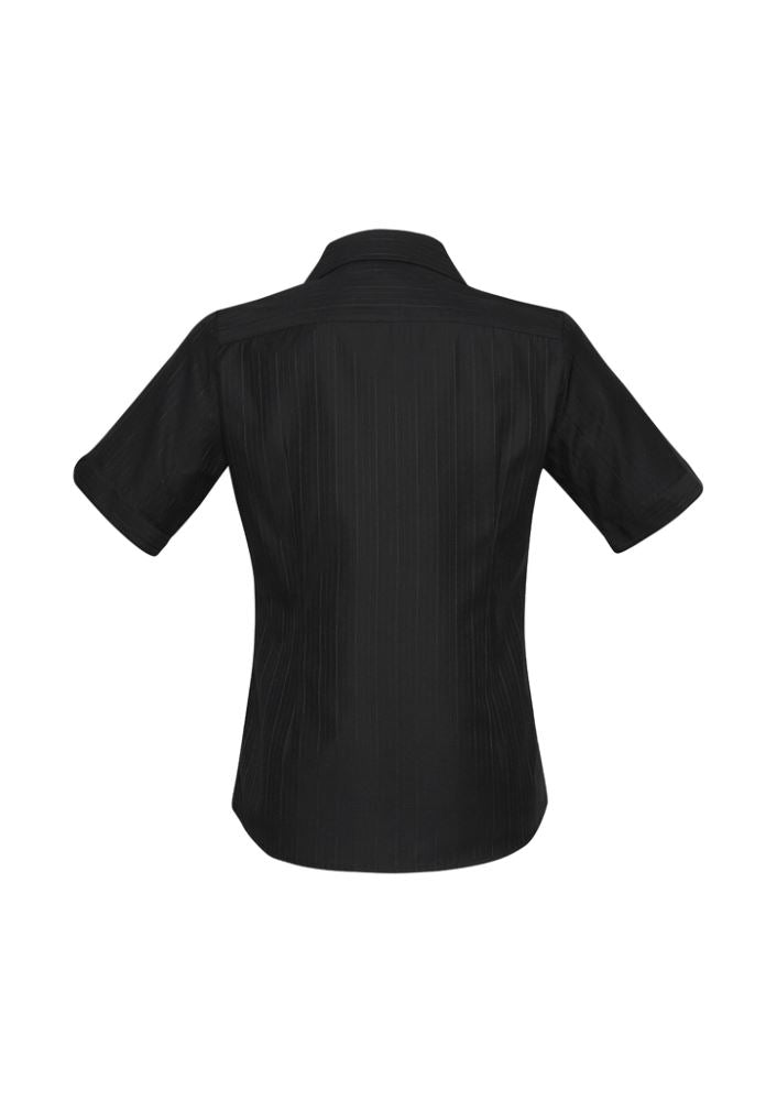 Ladies Preston Short Sleeve Shirt in black, size 18, featuring a V-neckline, self-stripe pattern, and Easy Care fabric.