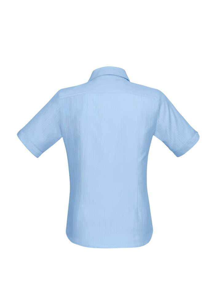 Ladies Preston Short Sleeve Shirt in blue, size 12, featuring a V-neckline, concealed collar, and self-stripe pattern for elegance.