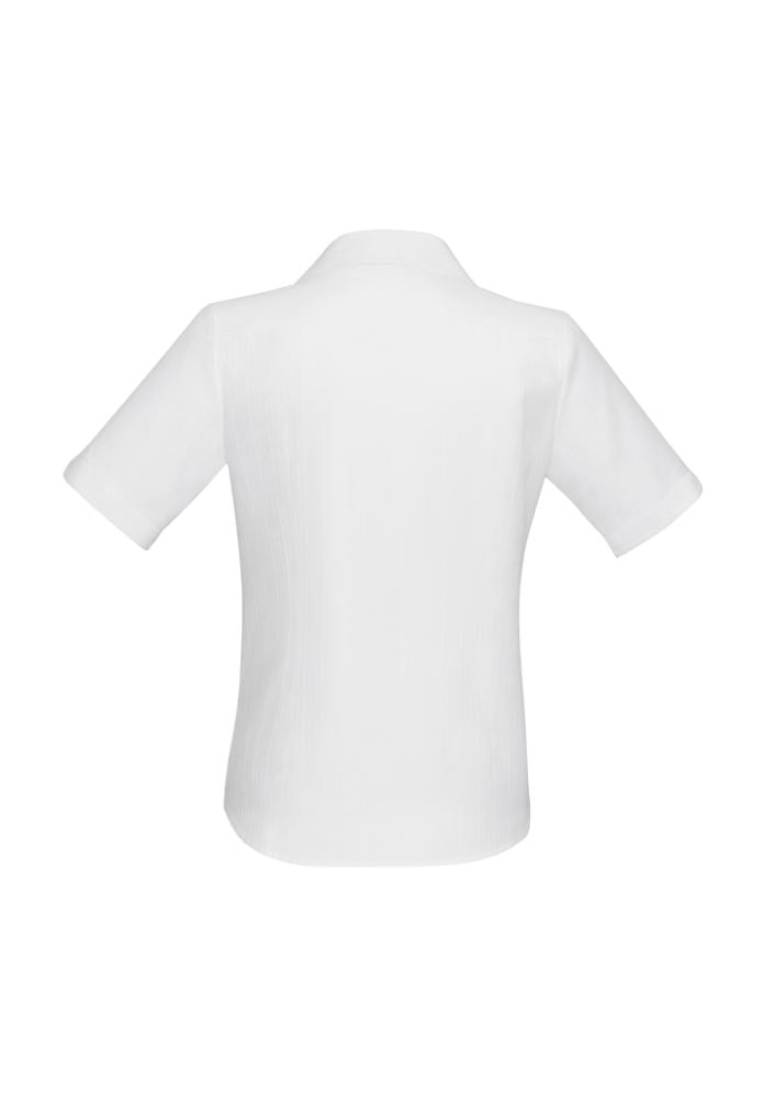 Ladies white short sleeve shirt in Size 8 with self-stripe pattern, V-neckline, and easy care fabric from Biz Collection.