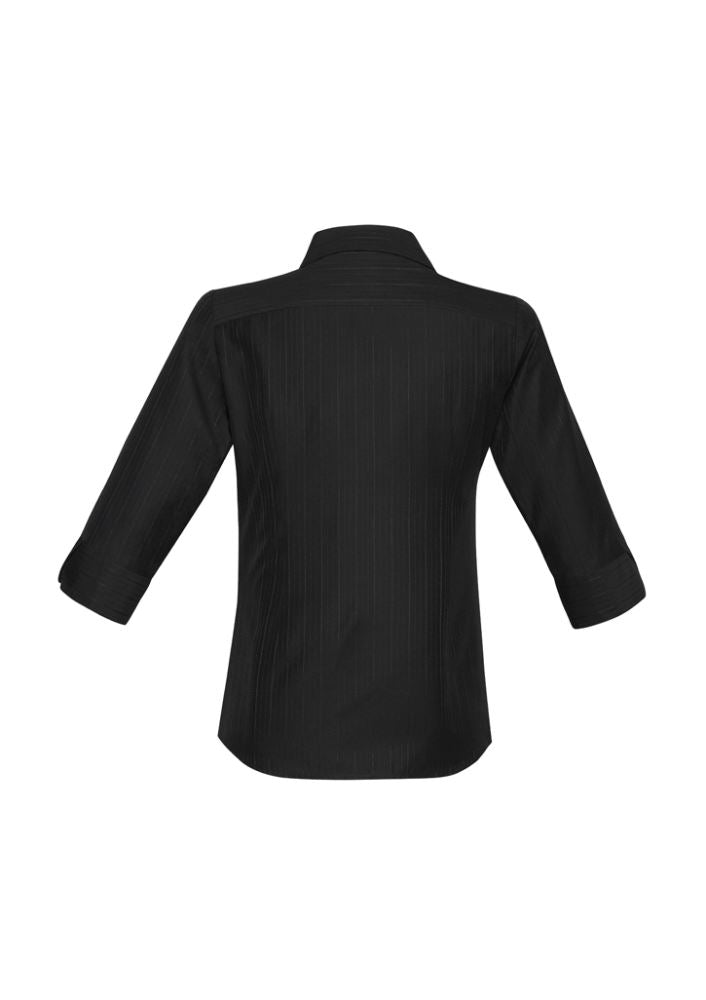 Ladies Preston 3/4 Sleeve Shirt in black, size 6, featuring a stylish cut-away V-neckline and self-stripe pattern.
