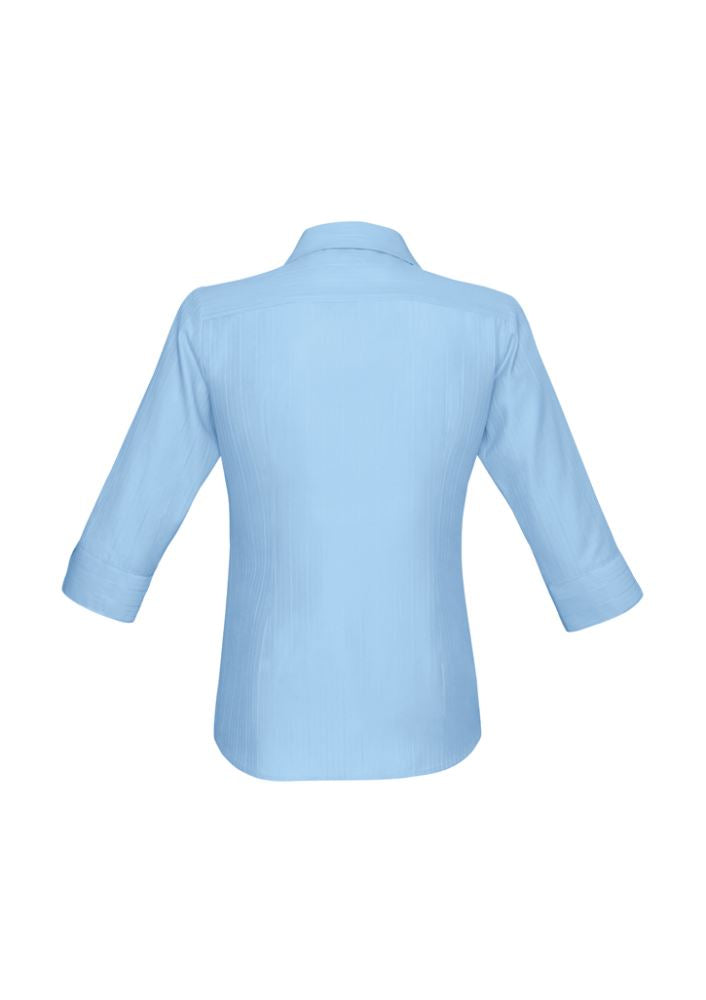 Ladies blue 3/4 sleeve shirt, Size 8 with V-neckline, self-stripe pattern, easy care fabric from Biz Collection.