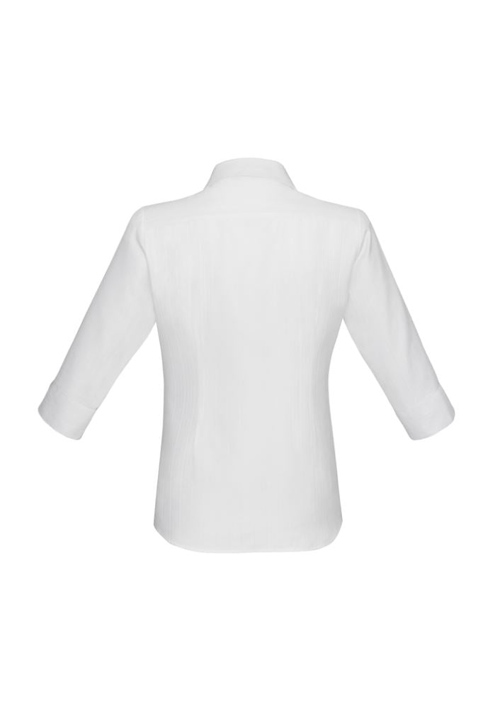 Ladies Preston 3/4 sleeve white shirt, size 16, featuring a cut-away V-neckline and self-stripe pattern for modern elegance.