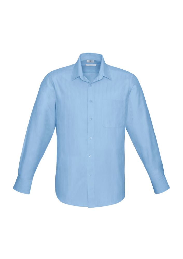 Mens Preston Long Sleeve Shirt in blue, featuring self-stripe pattern, modern collar, and adjustable cuffs, size XL.