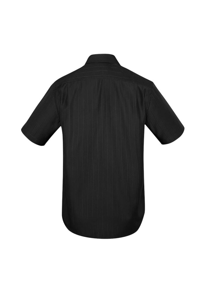Men's Preston Short Sleeve Shirt in black, size M, featuring a modern self-stripe pattern and adjustable cuffs for comfort and style.