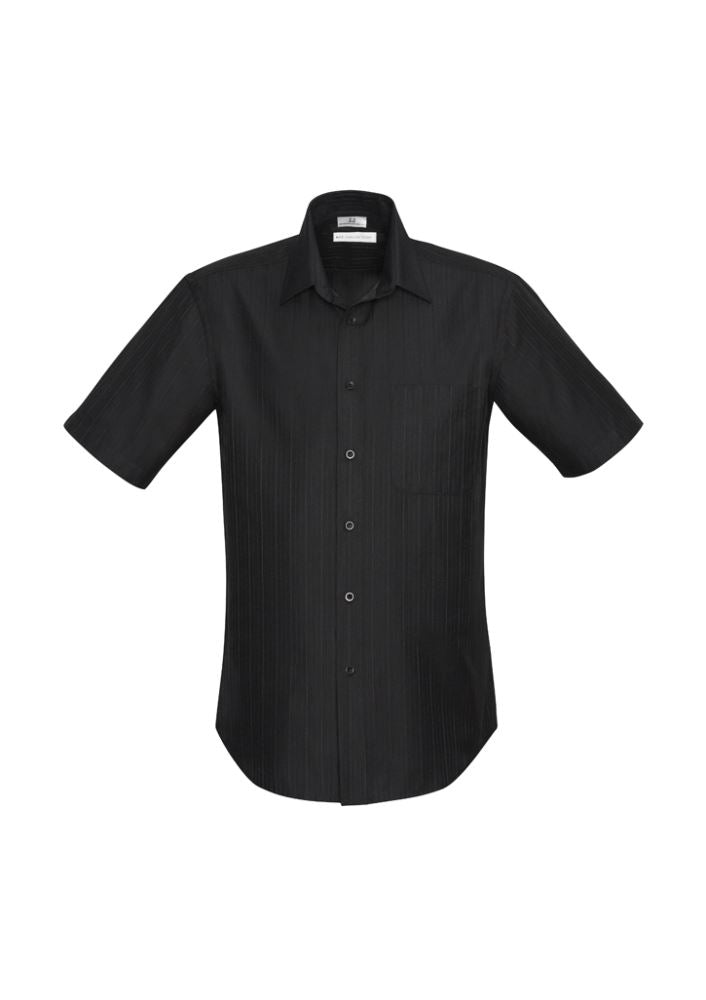 Black Men's Preston Short Sleeve Shirt in 5XL, featuring self-stripe pattern, narrow collar, and adjustable cuffs for comfort.