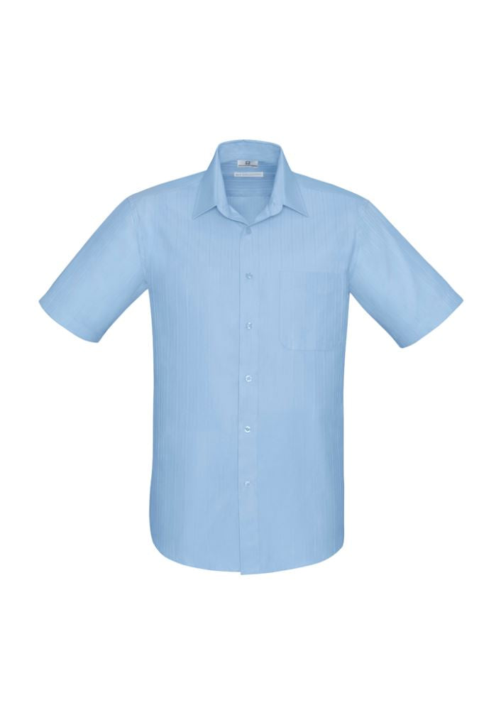 Men's Preston Short Sleeve Shirt in blue, size S, featuring self-stripe, twin back pleats, and adjustable cuffs for casual style.