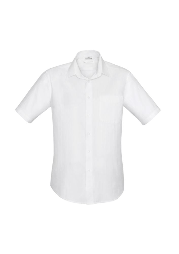 Mens Preston Short Sleeve Shirt in white, XL size, featuring self-stripe pattern and narrow collar for a modern, polished look.