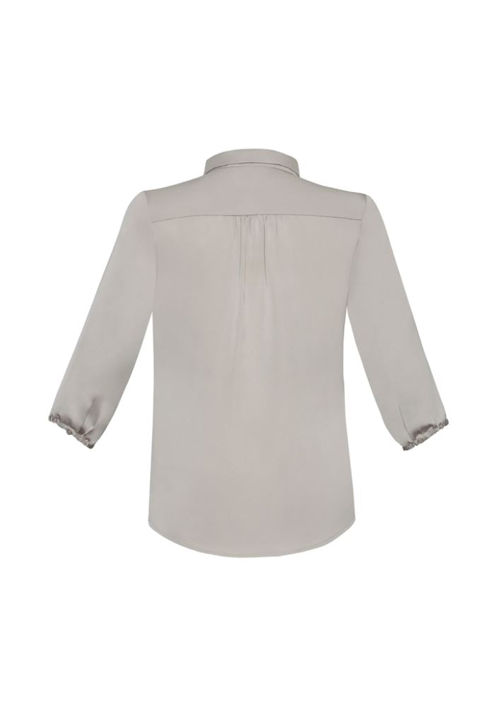 Elegant champagne shimmer blouse for ladies, size 14, featuring 3/4 sleeves, shoulder pleats, and chic button details.
