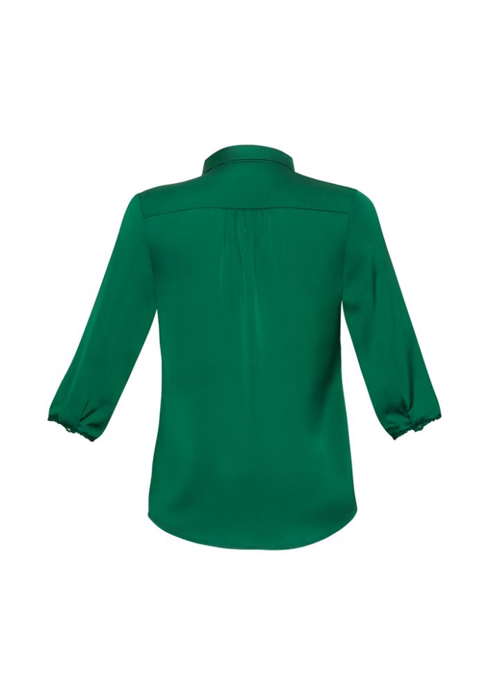 Ladies Shimmer Blouse in New Green, Size 14, features elegant satin, shoulder pleats, 3/4 sleeves, and chic enamel-look buttons.