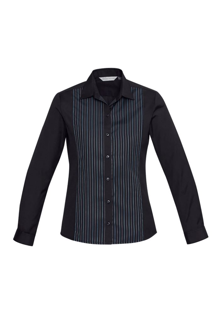Ladies Reno Panel Long Sleeve Shirt in Black and Teal Blue, size 16, featuring a stylish striped design and adjustable cuffs.
